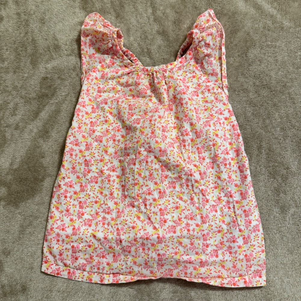 Mini Boden Girls Pink Orange Floral Strappy Back Ruffle Top Size 4-5Y 110cm